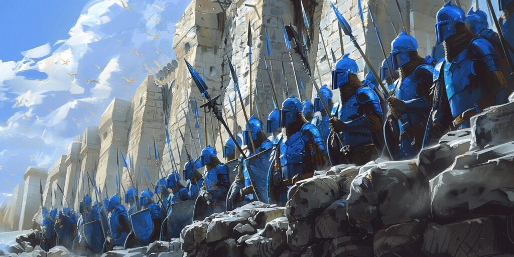 Blue team spearmen in a spear wall phalanx